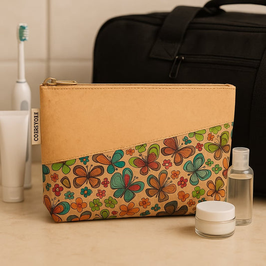 cosmetic bag made with cork with background of bag and toiletries