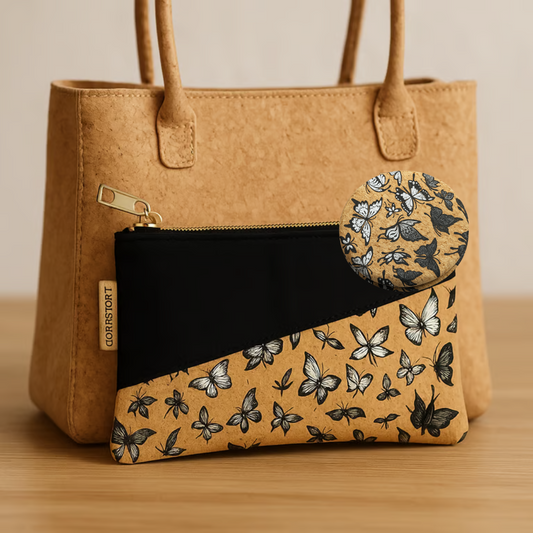 cork handback with cork toiletry bag and cork compact mirror