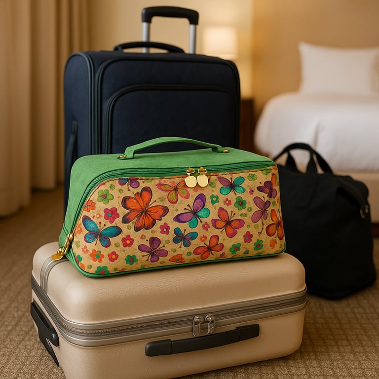 Colorful butterfly-patterned MARY toiletry travel bag with suitcase 