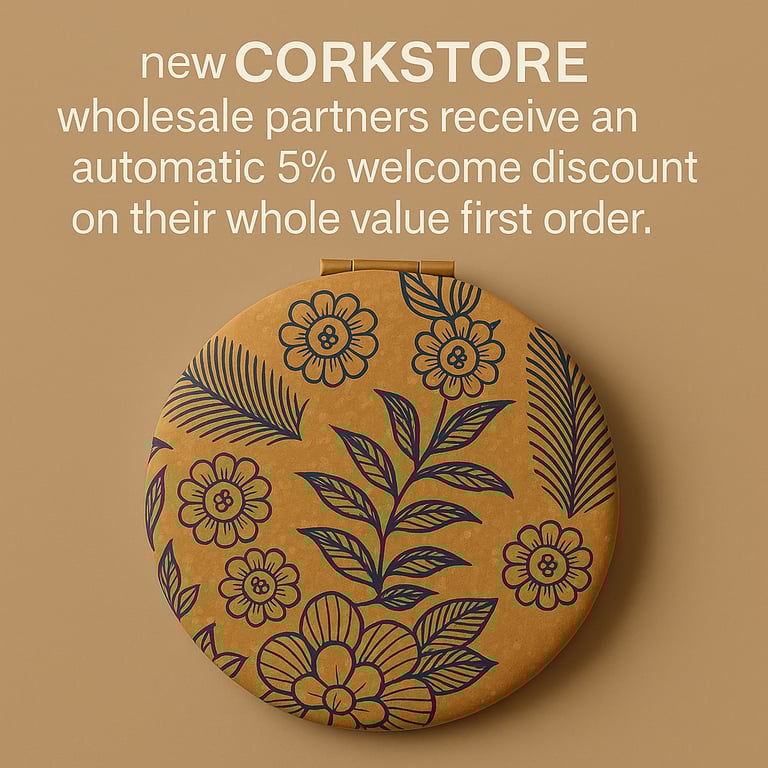 Decorative compact mirror with floral patterns on a brown background, featuring text about a wholesale discount offer.