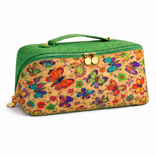 MARY cork butterfly pattern and green travel toiletry case with zipper closed 
