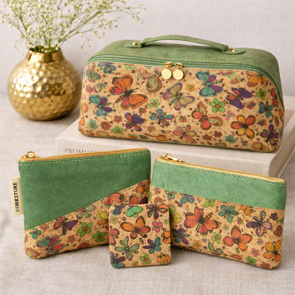 Set of cork bags with butterfly pattern on a light surface